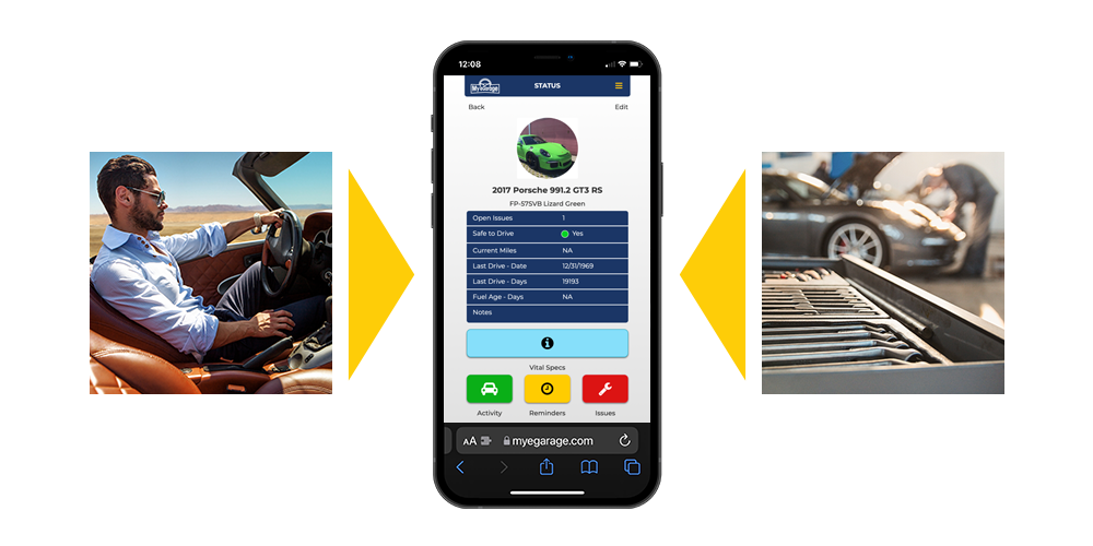 Man driving car, iPhone with app, mechanic with tools